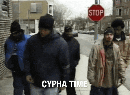 a group of people walking in front of a stop sign that says cypha time