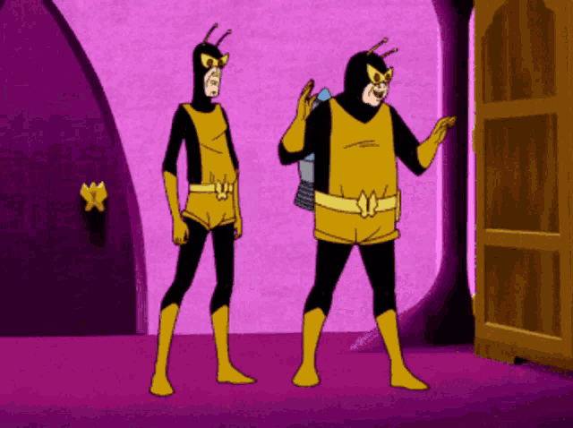 a couple of cartoon characters standing in front of a door