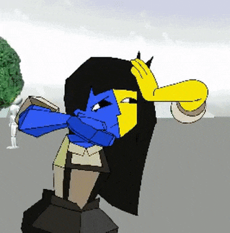 a cartoon of a woman with a blue and yellow face covering her face with her hand .