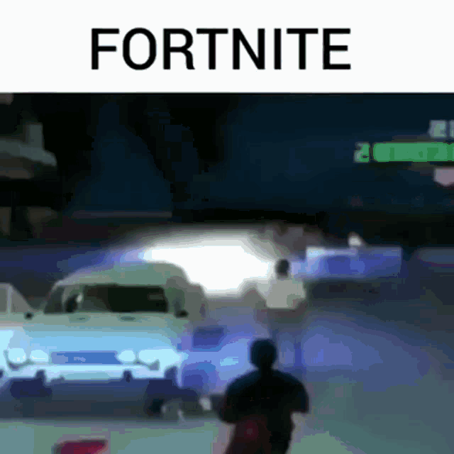 a man is running away from a car in a video game called fortnite .