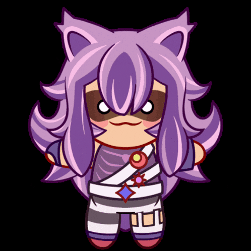 a cartoon character with purple hair and a mask on
