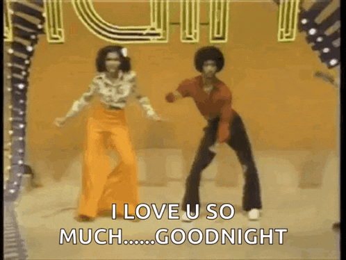 a man and a woman are dancing on a stage and the man is saying `` i love u so much goodnight '' .