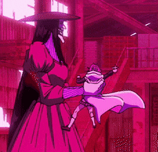 a woman in a pink dress is holding a man in a white cape in a pink room .