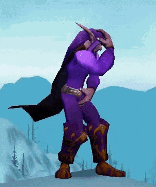 a video game character with purple pants and boots