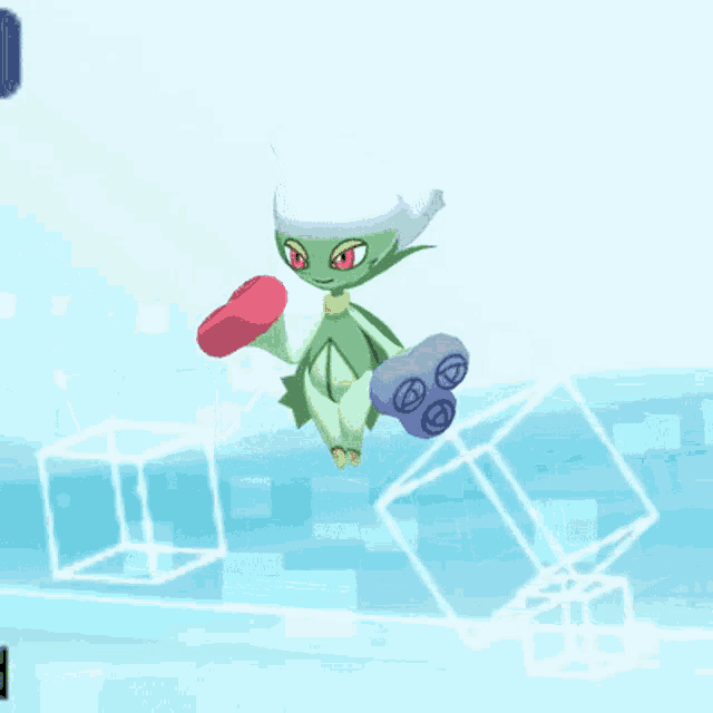 a cartoon character with green leaves and red eyes is holding a red object