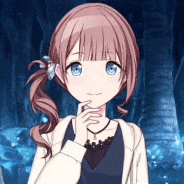 a girl with pink hair and blue eyes is wearing a white jacket and a black top