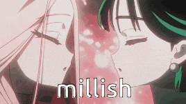 a couple of anime girls kissing with the word millish written on the bottom