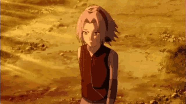 a cartoon girl with pink hair and a red vest is standing in the dirt .