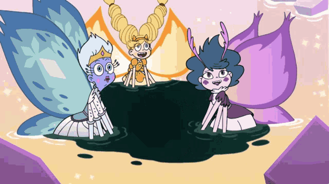 three cartoon characters are standing in a pool of water