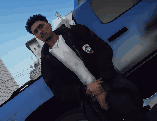 a man wearing a black jacket with a canada goose logo on the back