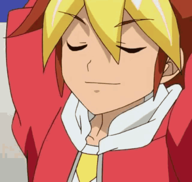 a close up of a cartoon character with his eyes closed . he is wearing a red jacket and a yellow tie .