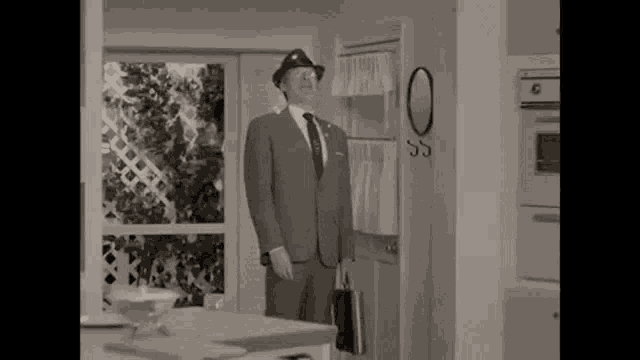 a man in a suit and hat is standing in a kitchen with a briefcase .