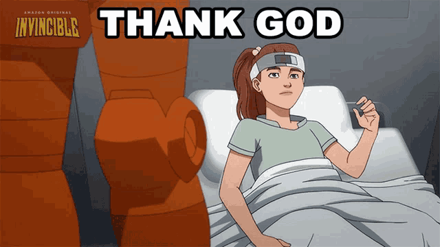 a cartoon of a woman laying in a hospital bed with the words thank god above her