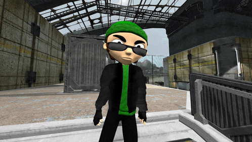 a cartoon character wearing a green hat and black jacket