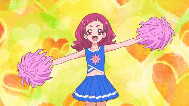 a cheerleader with a flower on her top and pink pom poms