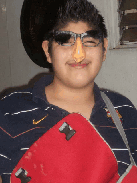 a young boy wearing sunglasses and a fake nose