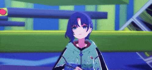a girl with blue hair and a hoodie is standing in front of a green building .