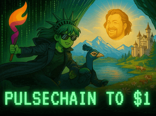 an advertisement for pulsechain to $ 1 shows a statue of liberty riding a peacock