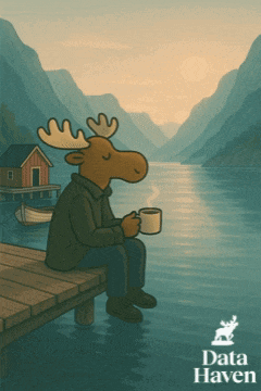an illustration of a moose sitting on a dock with a cup of coffee