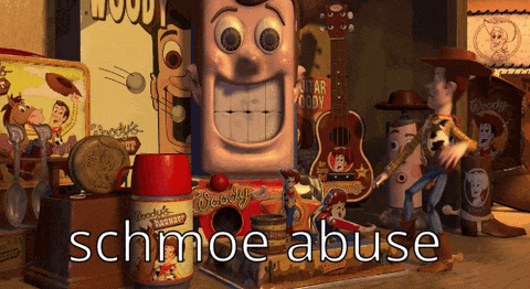 a collection of toy story toys with the words schmoe abuse below them