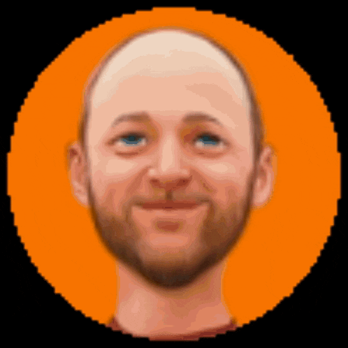 a pixel art drawing of a bald man with a beard and blue eyes