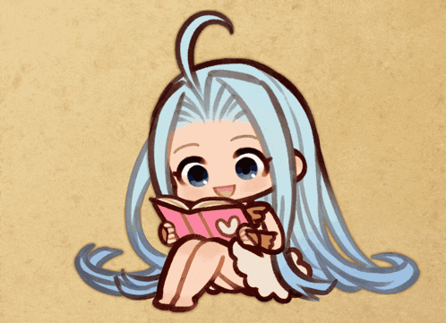 a girl with long blue hair is reading a book