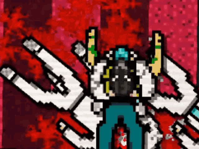 a pixel art drawing of a person holding up a peace sign .
