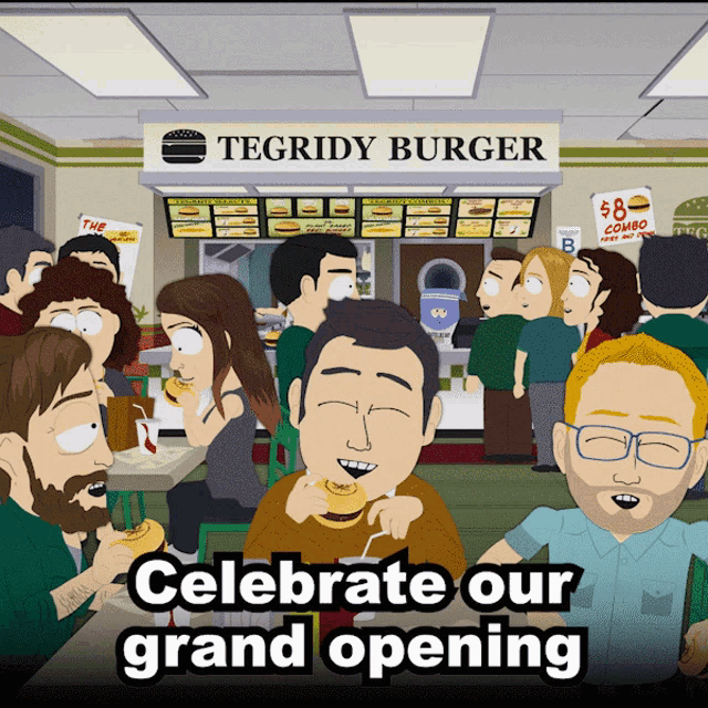 a group of people are gathered in front of a tegridy burger sign