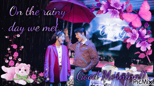 a couple holding an umbrella with the words on the rainy day we met