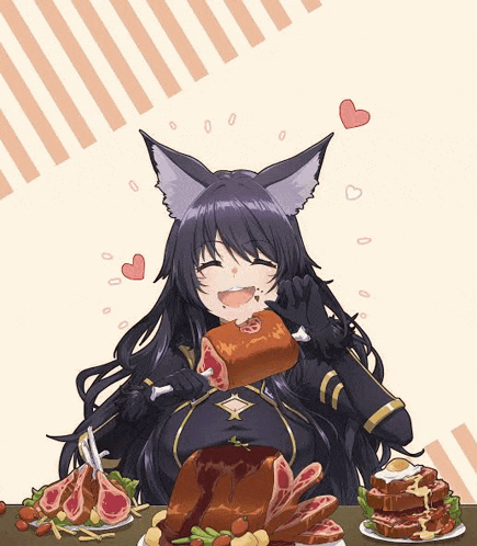 a girl with a cat ear is eating a piece of meat