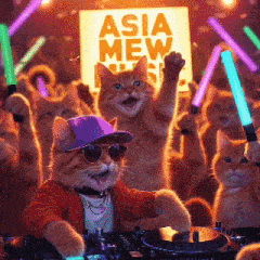 a group of cats are playing music in front of a sign that says asia mew