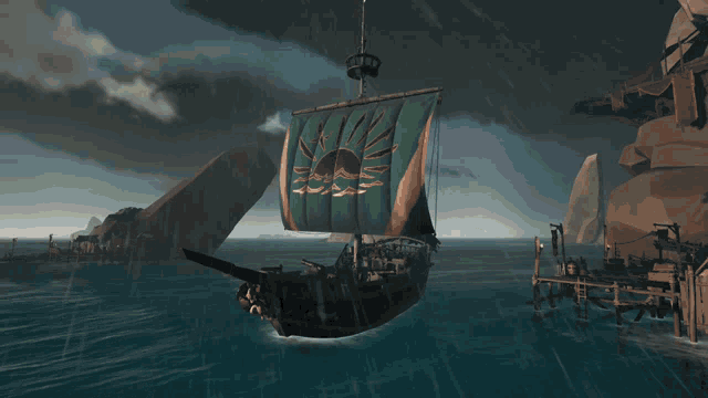 a pirate ship with a blue sail and a sun on it