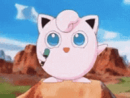 jigglypuff from pokemon is holding a magnifying glass in his mouth