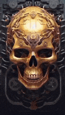 a golden skull is surrounded by gears and chains on a black background .
