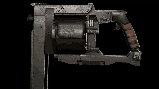 a gun with a red h on it