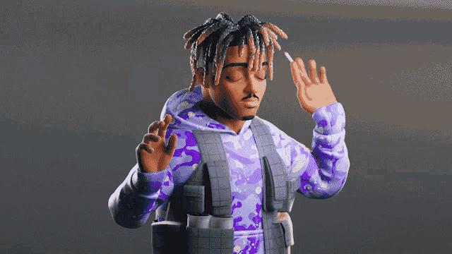 a cartoon character wearing a purple hoodie and a gray vest