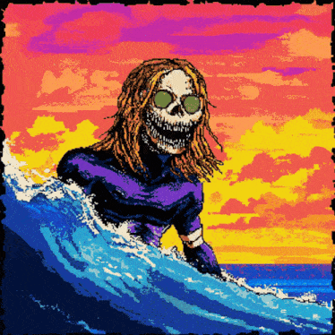 a pixel art of a skeleton surfing a wave