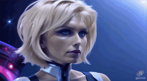 a woman with blonde hair and blue eyes is standing in front of a genmo logo