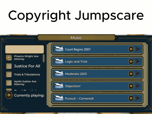 a screen that says copyright jumpscare on top of it