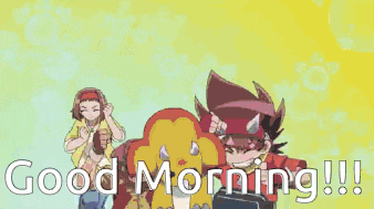 a group of cartoon characters are standing next to each other with the words good morning !!! written below them