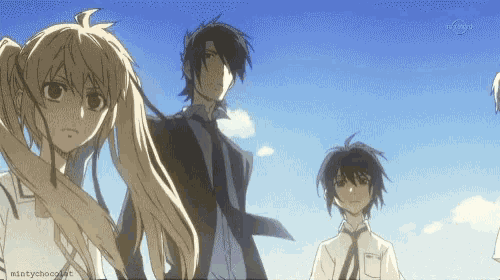 a group of anime characters standing in front of a blue sky with mintychocoart written on the bottom right