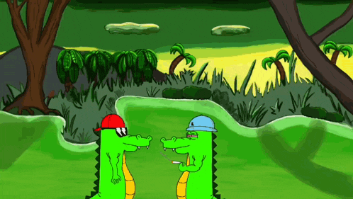two alligators are standing next to each other and one is wearing a blue hat
