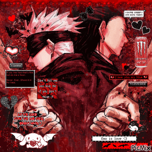a picture of two anime characters holding hands with a monster energy drink in the corner