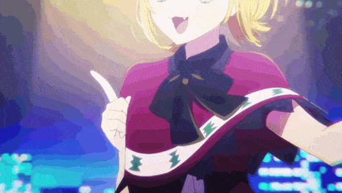 a girl with blonde hair and a red cape is singing