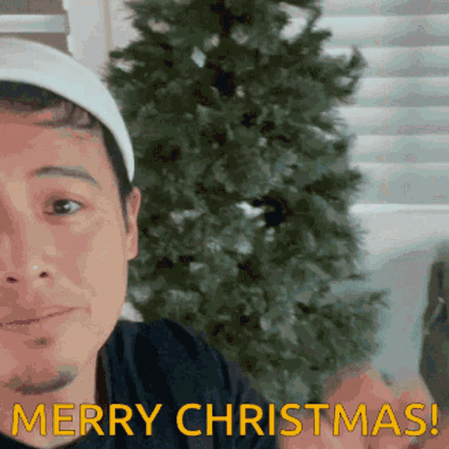a man in front of a christmas tree with the words merry christmas