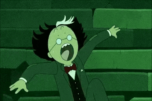 a cartoon character in a suit and bow tie is screaming while sitting on a green staircase .
