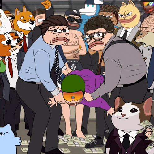 a group of cartoon characters including a cat and a dog are standing around a pile of money