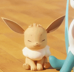 a cartoon eevee is sitting on a wooden floor with its eyes closed