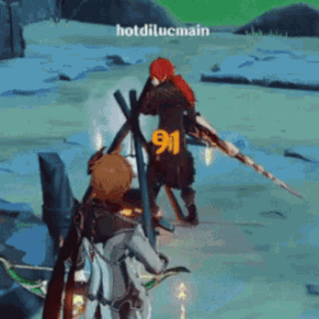 a video game character with the number 91 on his back is holding a sword .