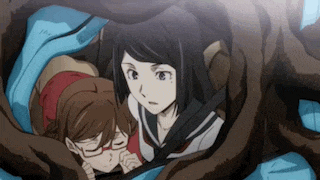 two anime girls are laying in a tree trunk .
